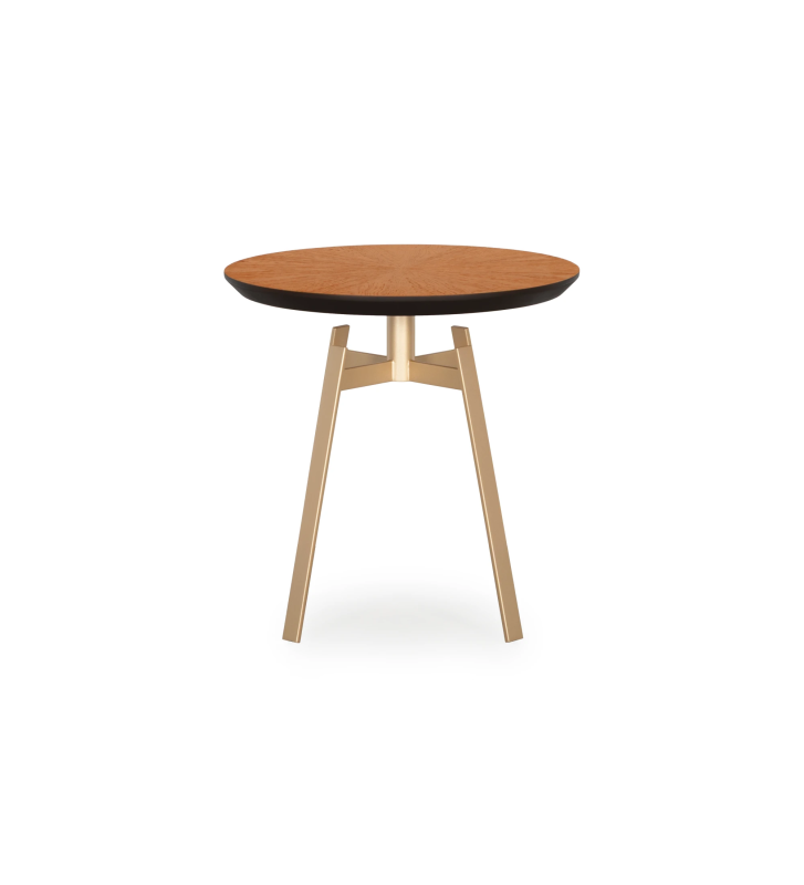 Mesa auxiliar Tokyo redonda, tapa en roble miel, pies en metal lacado oro, Ø 48,5 cm.