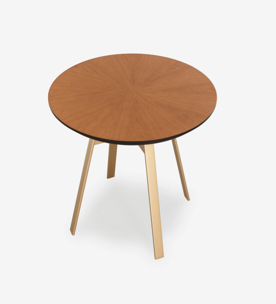 Tokyo round side table, honey oak top, gold lacquered metal foot, Ø 48,5 cm.
