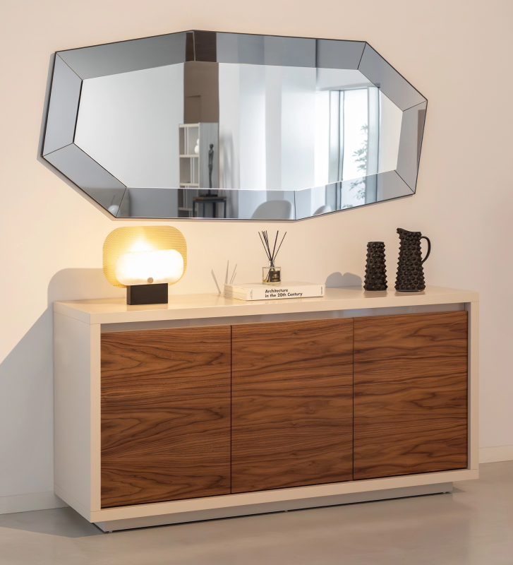 Sideboard with 3 doors in natural walnut, pearl lacquered structure, and pearl glass detail.