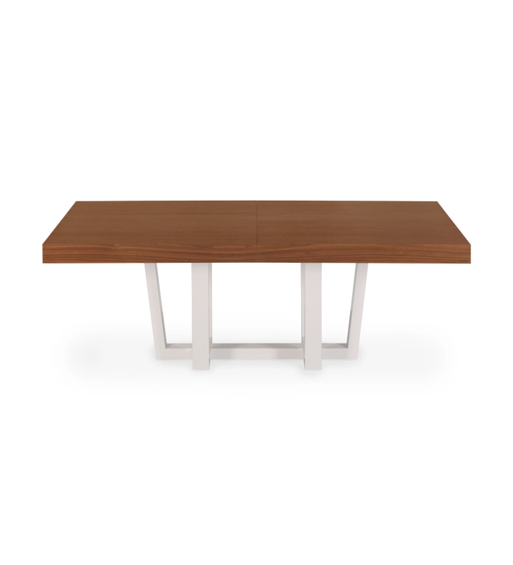 Table de repas rectangulaire extensible avec plateau en noyer naturel et pied laqué en perle.