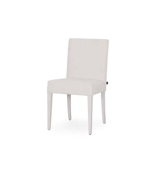 Chaise rembourrée en tissu, pieds laqués perle.