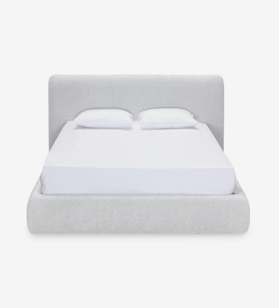 Double bed with short headboard, upholstered in grey fabric.