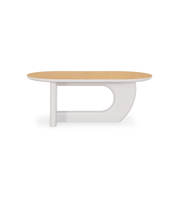 Mesa de comedor ovalada con sobre de roble natural y base lacada en color perla.
