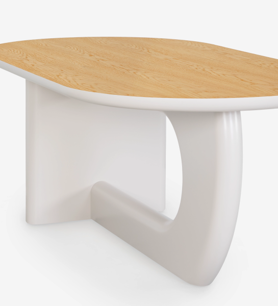 Table à manger ovale avec plateau en chêne naturel et pied laqué couleur perle.