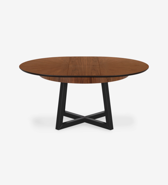 Mesa de jantar extensível redonda com tampo espinhado em nogueira natural e pés lacados a negro