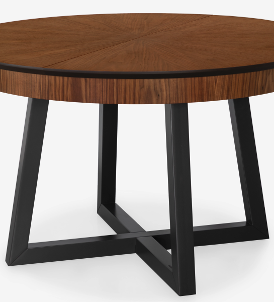 Mesa de jantar extensível redonda com tampo espinhado em nogueira natural e pés lacados a negro