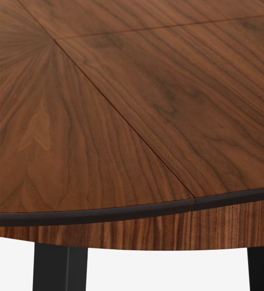 Mesa de jantar extensível redonda com tampo espinhado em nogueira natural e pés lacados a negro
