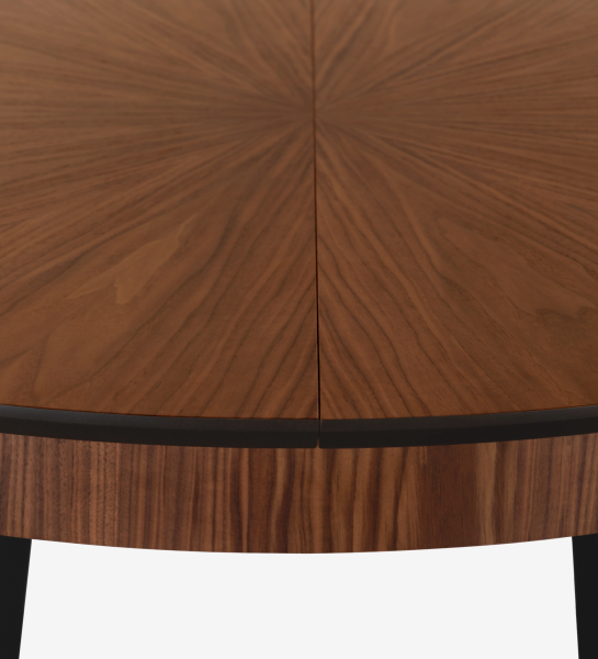 Mesa de jantar extensível redonda com tampo espinhado em nogueira natural e pés lacados a negro