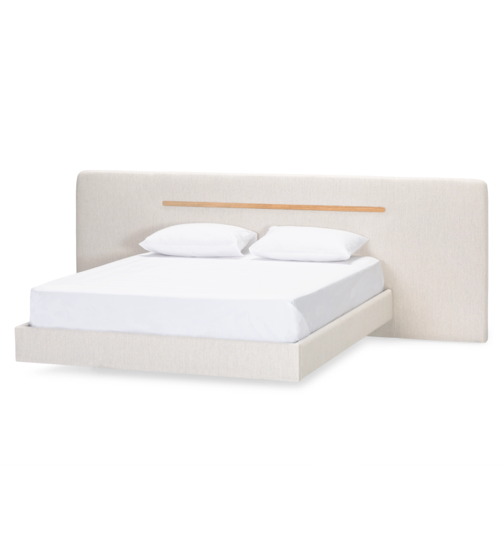 Cama de casal com cabeceira e base suspensa estofada, pormenor em carvalho natural.