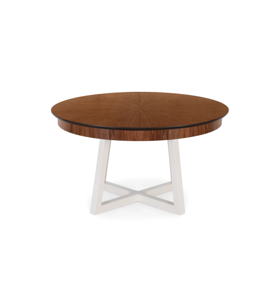Mesa de comedor redonda extensible con tablero en nogal natural y pies lacados perla.