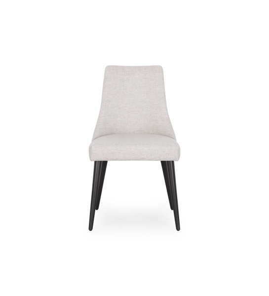 Chaise Oslo rembourré en tissu gris clair, pieds laqués noir.