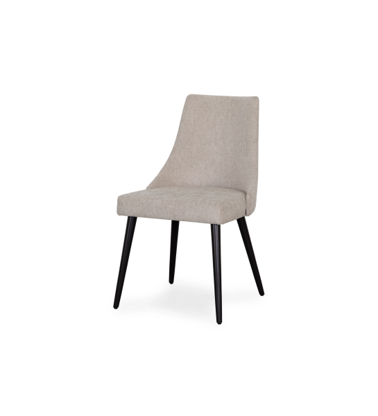 Chaise Oslo rembourré en tissu gris clair, pieds laqués noir.