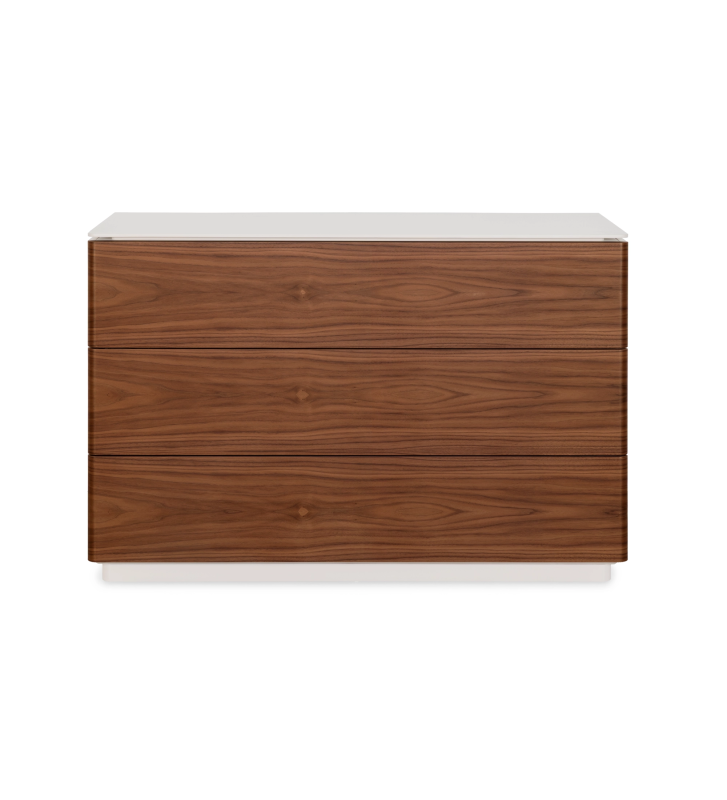 Dresser with 3 large drawers in natural walnut, structure lacquered in pearl.