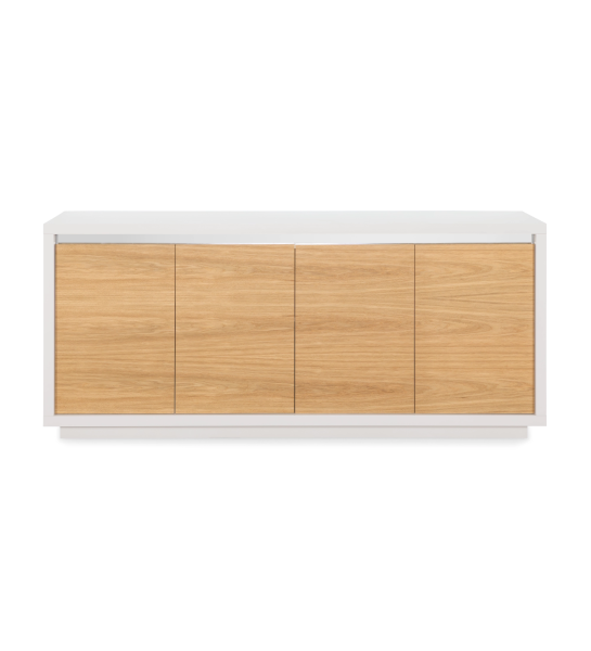 Sideboard with 4 doors in natural oak, pearl-lacquered structure and mirrored detail.