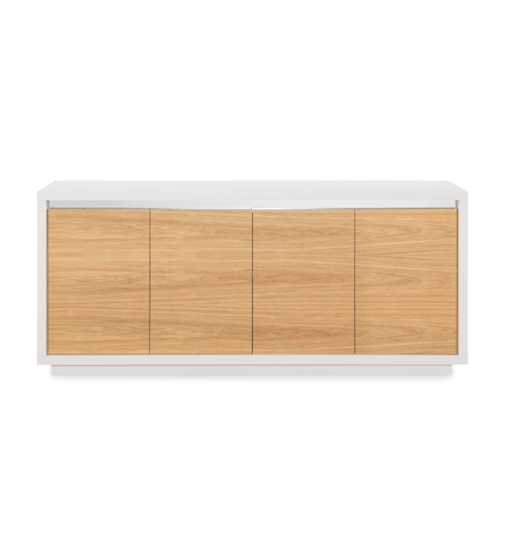 Sideboard with 4 doors in natural oak, pearl-lacquered structure and mirrored detail.