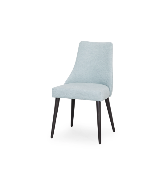 Oslo chair upholstered in blue fabric, black lacquered feet.