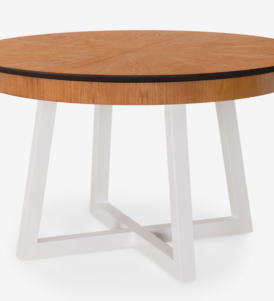 Round extendable dining table with honey oak top and pearl lacquered legs.