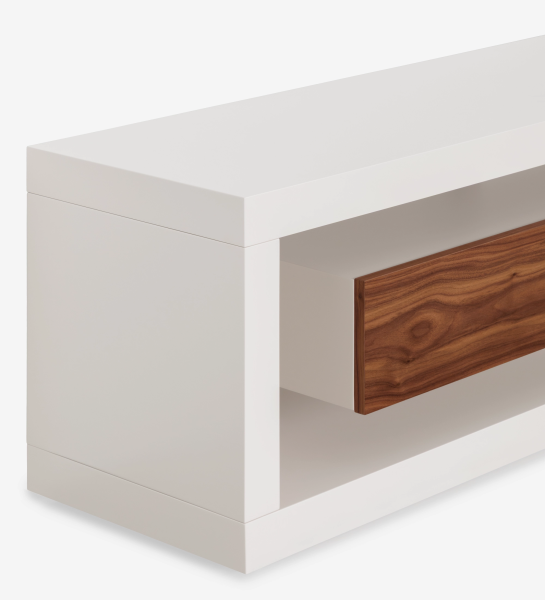 Meuble TV Londres structure et module tiroirs laquée perle, tiroirs en noyer naturel, 250 x 56 cm.