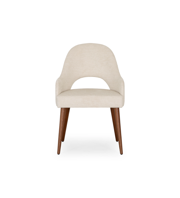 Chair with armrests, upholstered in beige fabric, with walnut-colored wooden legs.
