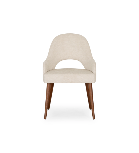 Chair with armrests, upholstered in beige fabric, with walnut-colored wooden legs.