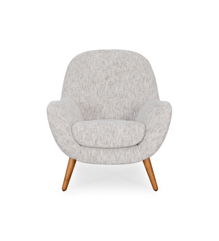 Oslo armchair upholstered in grey velvet-like fabric, with honey-coloured ash wood legs.