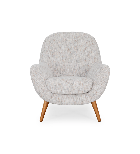 Oslo armchair upholstered in grey velvet-like fabric, with honey-coloured ash wood legs.