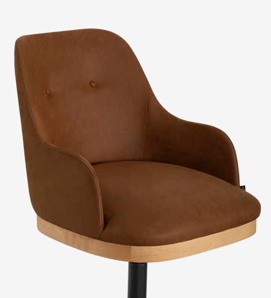 Swivel chair upholstered in brown fabric with detail in natural wood color