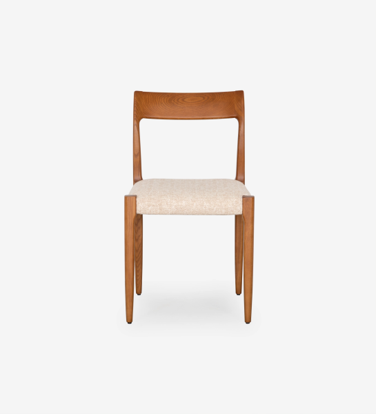 Chair in honey colored ash wood with beige fabric upholstered seat.