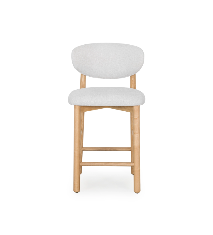 Stool in natural ash wood, with seat and backrest upholstered in pearl fabric.