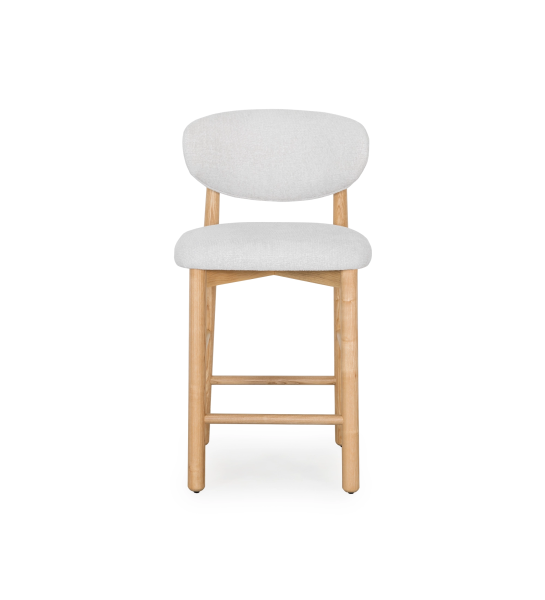 Tabouret en bois de frêne naturel, avec assise et dossier rembourrés en tissu perle.