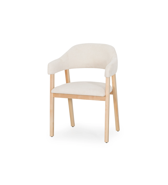 Silla con brazos, en madera de fresno natural, con asiento y respaldo tapizados en tela perla