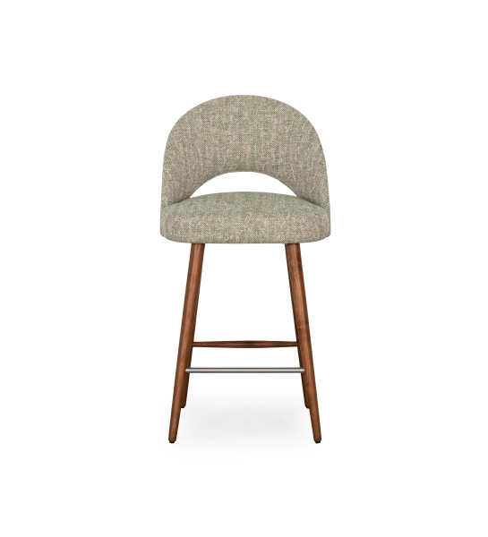 Tabouret rembourrés en tissu vert, avec pied couleur noyer.