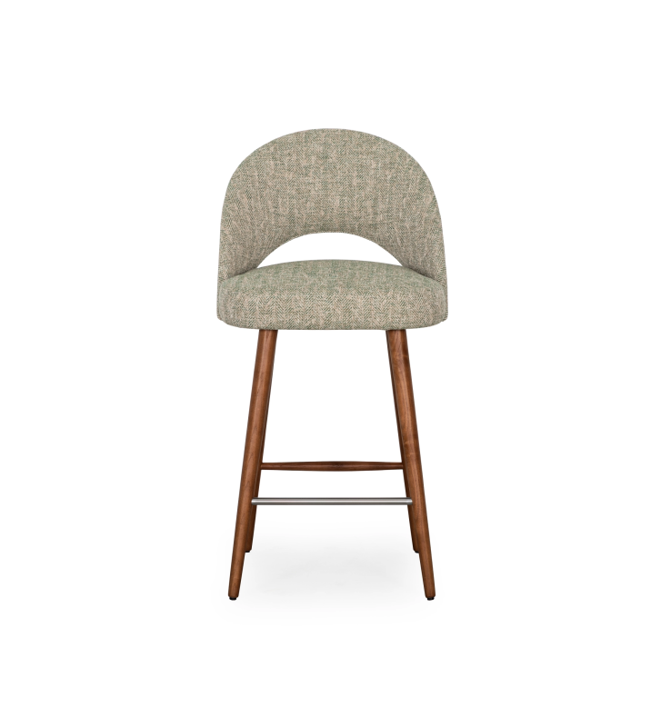Stool upholstered in green fabric, with walnut-colored wood leg.