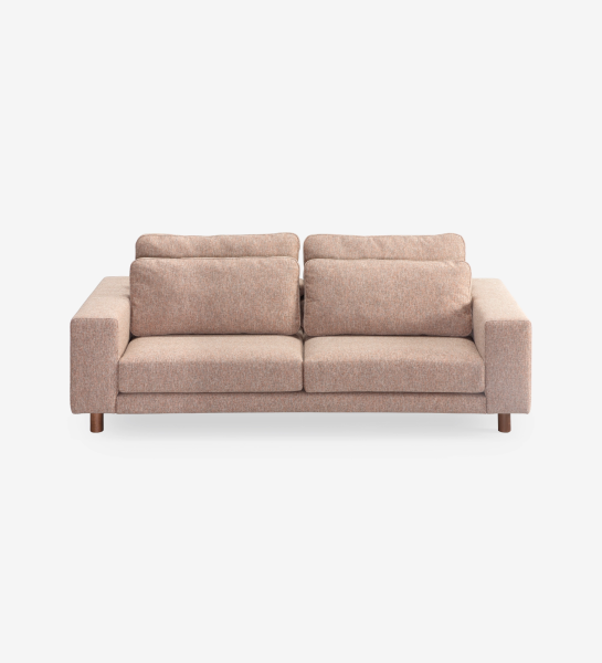 Dallas 3-seater sofa upholstered in multicolored fabric, primarily orange and pearl, folding back cushions, walnut color ash wood feet, 225 cm.