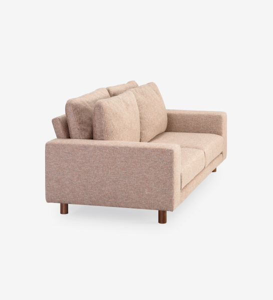 Dallas 3-seater sofa upholstered in multicolored fabric, primarily orange and pearl, folding back cushions, walnut color ash wood feet, 225 cm.