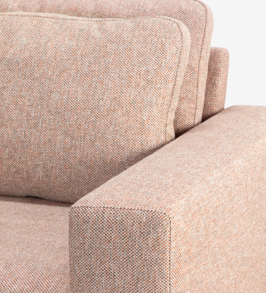 Dallas 3-seater sofa upholstered in multicolored fabric, primarily orange and pearl, folding back cushions, walnut color ash wood feet, 225 cm.