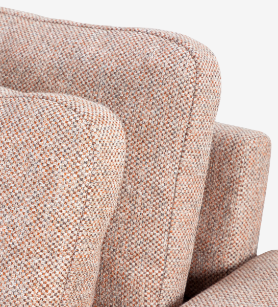 Dallas 3-seater sofa upholstered in multicolored fabric, primarily orange and pearl, folding back cushions, walnut color ash wood feet, 225 cm.