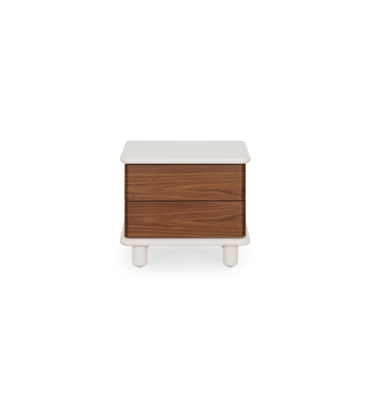 Bedside table with 2 drawers in natural walnut, pearl structure, and integrated wireless phone charger in the top.