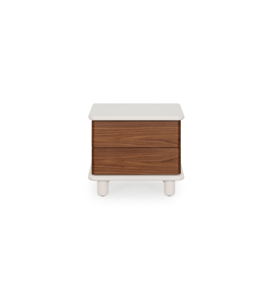 Bedside table with 2 drawers in natural walnut, pearl structure, and integrated wireless phone charger in the top.