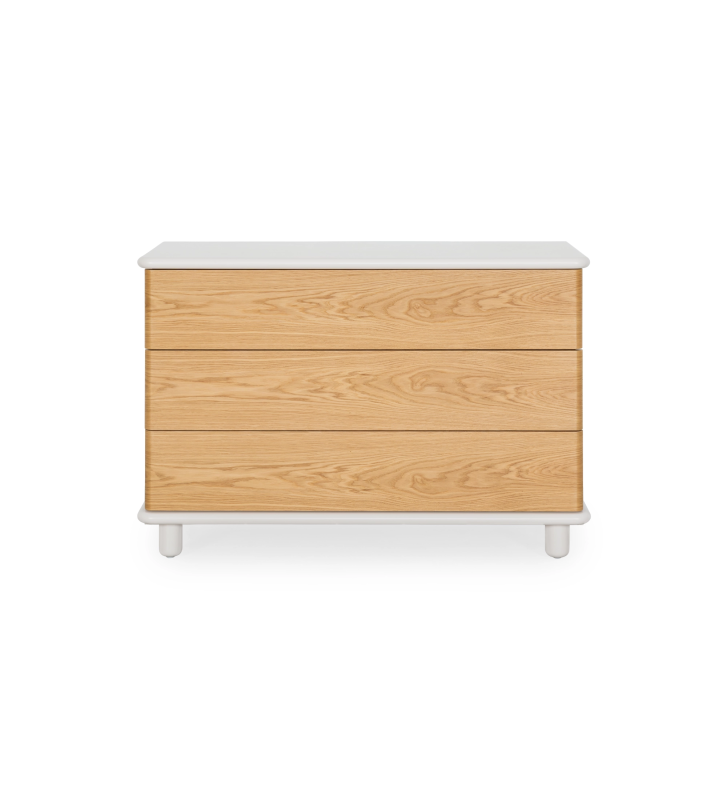 Commode à 3 grands tiroirs en noyer naturel, structure perlée.