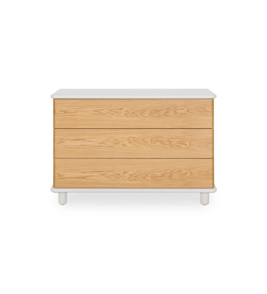 Commode à 3 grands tiroirs en noyer naturel, structure perlée.