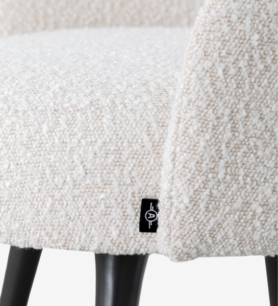 Pearl fabric upholstered swivel chair with black lacquered legs and gold detailing.