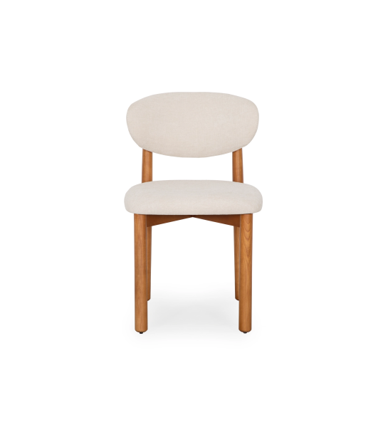 Chair in honey-colored ash wood, with seat and backrest upholstered in pearl fabric.