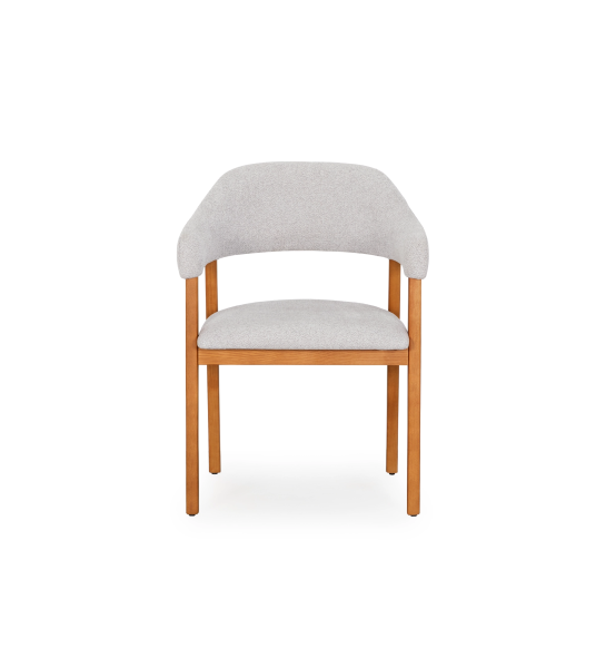 Chaise avec accoudoirs, en bois de frêne couleur miel, avec assise et dossier recouverts de tissu gris clair