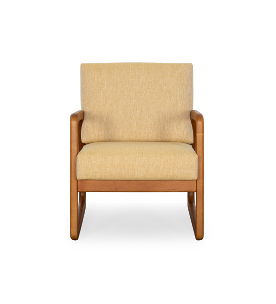 Antarte by AI Armchair upholstered in yellow fabric, structure in honey colored wood.
