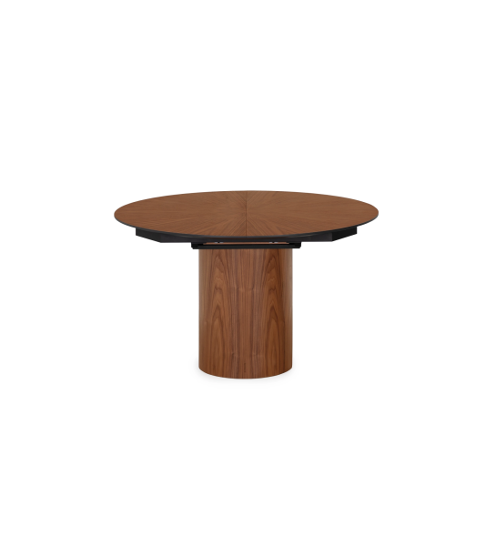 Table de repas ronde extensible Ø 130 cm, plateau en chevrons et pied en noyer naturel, détail du plateau laqué noir.