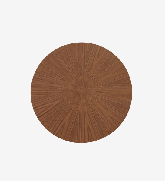 Table de repas ronde extensible Ø 130 cm, plateau en chevrons et pied en noyer naturel, détail du plateau laqué noir.