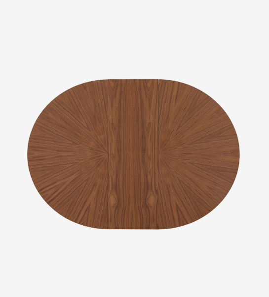 Table de repas ronde extensible Ø 130 cm, plateau en chevrons et pied en noyer naturel, détail du plateau laqué noir.
