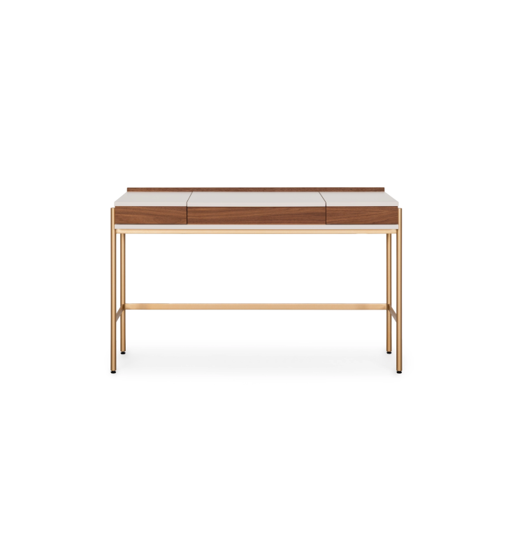 Dressing Table with 2 drawers in natural walnut, pearl structure, gold lacquered metal feet with levellers and mirror with lighting