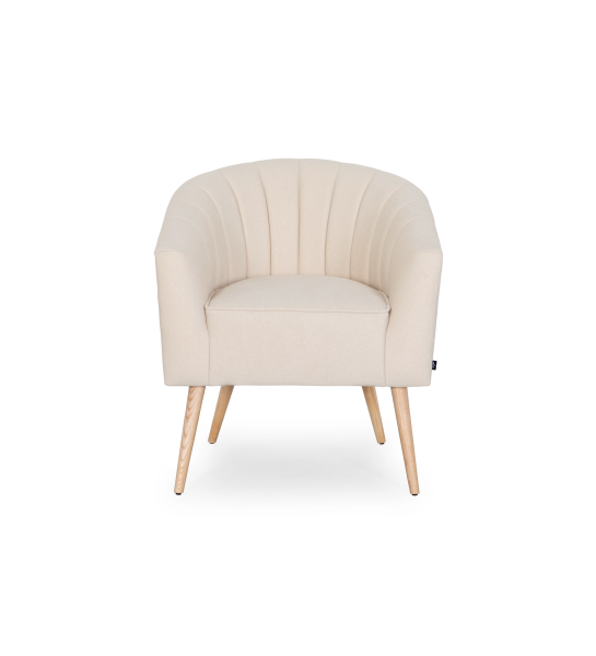 Tokyo armchair upholstered in beige fabric with natural colored wooden legs.